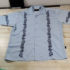 Tribal Design D Clothing Light Blue‎ Embroidered Bowling Lounge Shirt Size Large